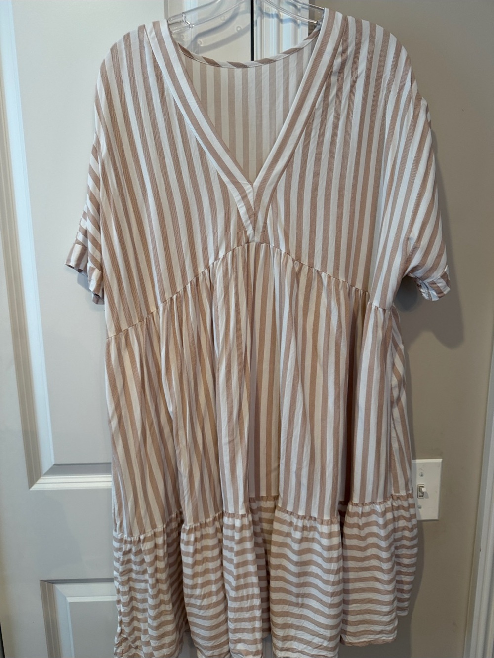 SHEIN Beige and White Striped V-Neck Tiered Tunic